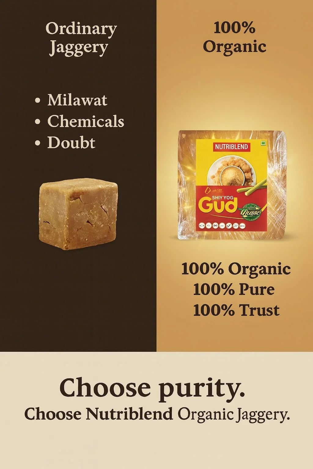 Organic ShivYog Jaggery 1kg Slab | Pure Chemical-Free Gud | Natural Sweetener