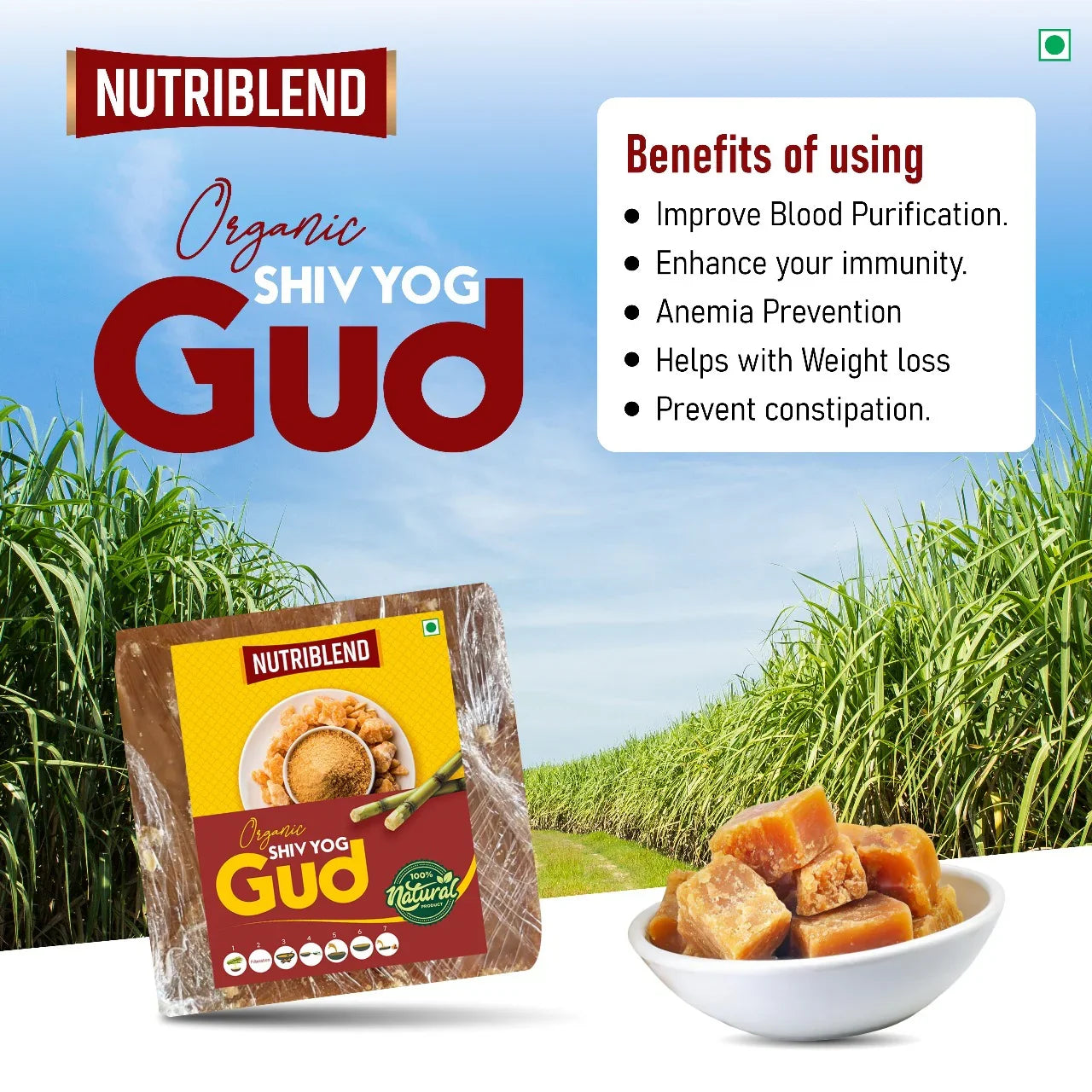 Organic ShivYog Jaggery 1kg Slab | Pure Chemical-Free Gud | Natural Sweetener